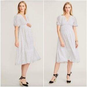 Hatch Melanie‎ Puff Sleeve V-Neck Smocked Maternity MIDI Dress Black Polka Dot 1